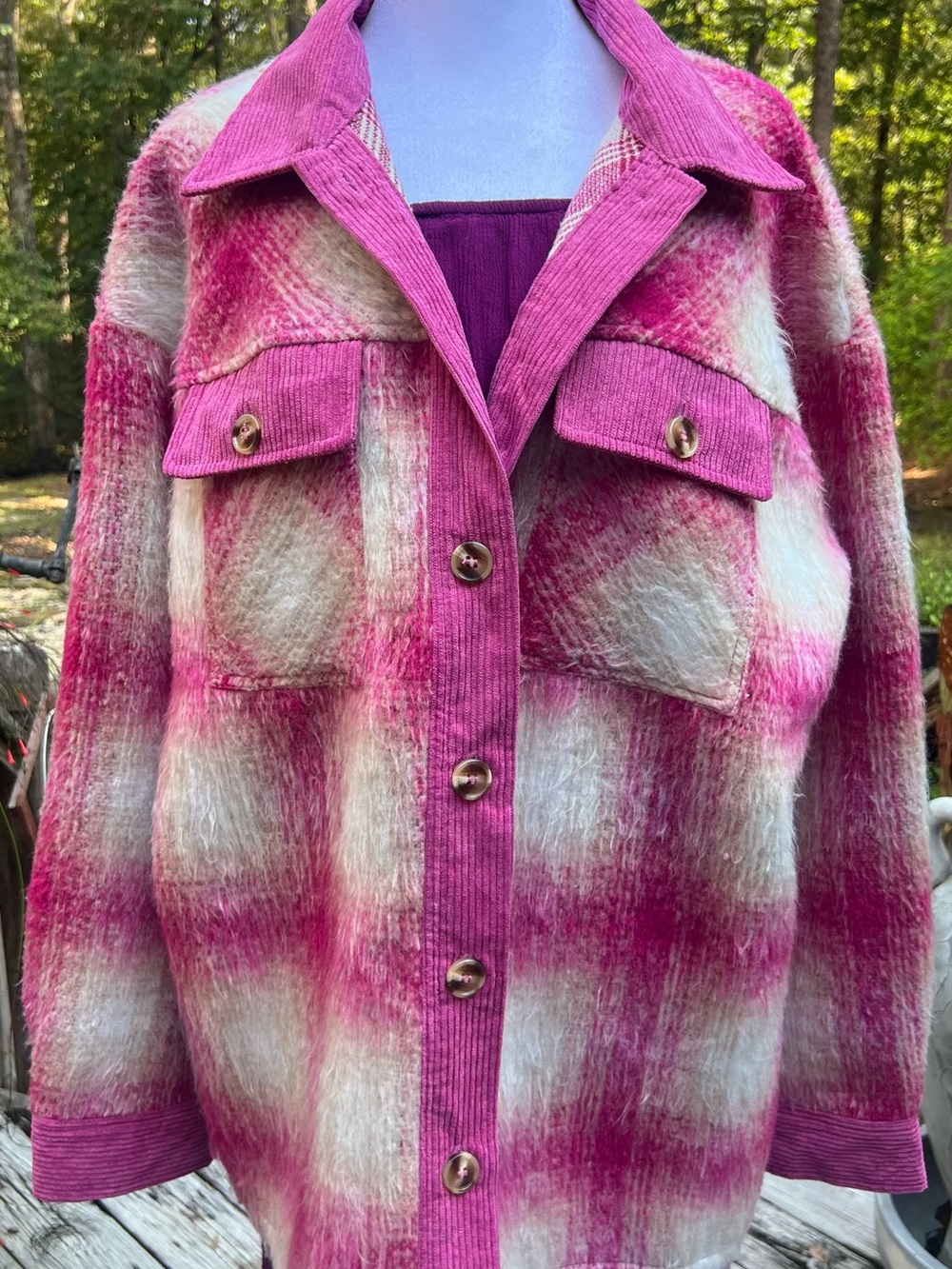 Entro Pink Plaid Fuzzy Shacket Corduroy Trim Large